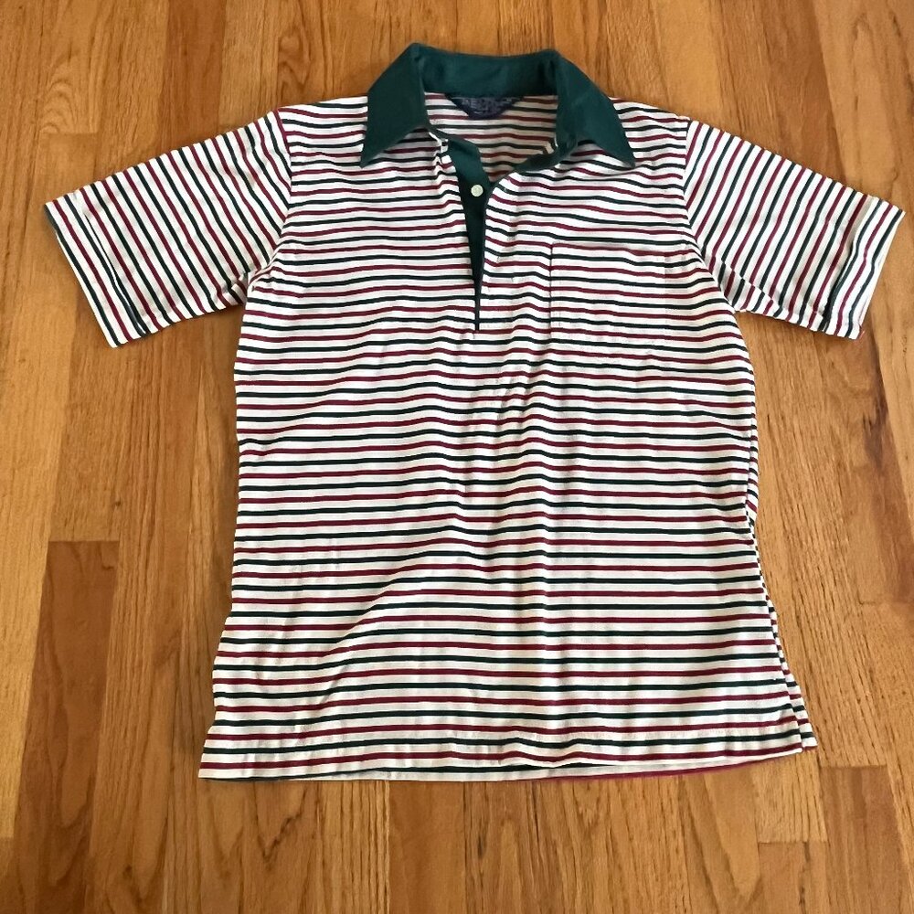 Vintage JCPenney The Mens Shop Striped Polo Shirt Size M Cuffed Sleeve Red Green